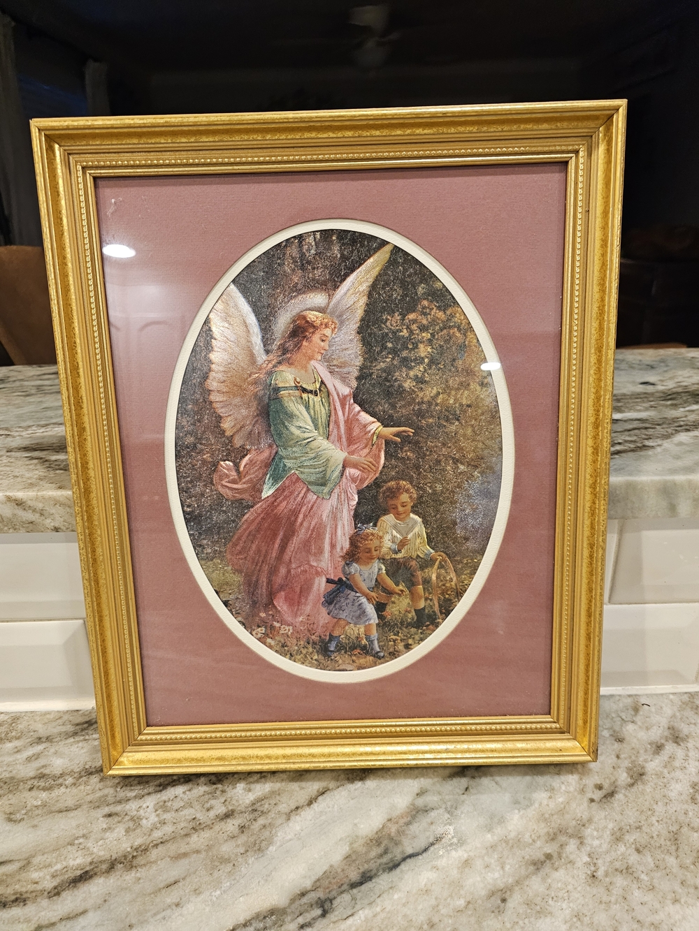 Framed Angel Wall Art in Pink and Gold Optical Ilusion Guardian Angel
